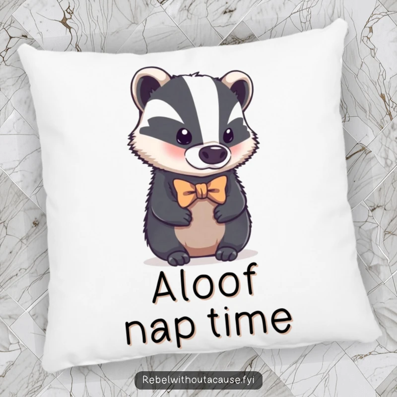 Funny pillow with a bold badger wearing a tiny, crooked bowtie, looking aloof, offering cozy comfort and dapper humor, an excellent funny gift.