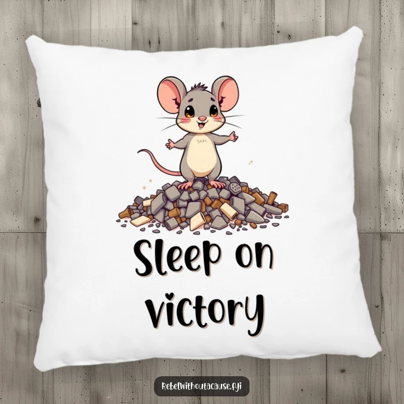 Funny brave mouse pillow featuring a small mouse standing tall on debris, perfect for adding comfort and a touch of brave humor.