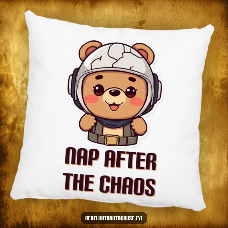 Funny pillow with a cheerful bear character wearing a cracked helmet, offering comfort and a fearless spirit.
