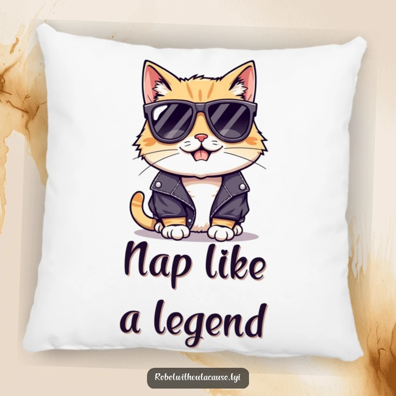 Funny pillow featuring a cool cat wearing sunglasses and a leather jacket, with a mischievous grin, perfect for cozy vibes.