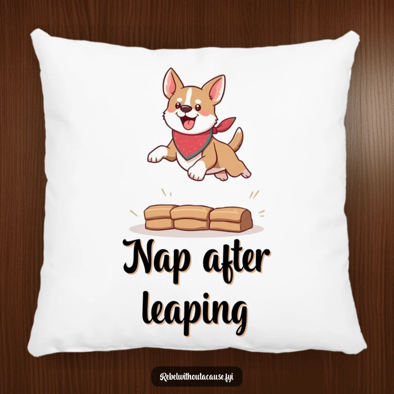 Funny pillow featuring a daring dog with a bandana jumping, offering plush comfort and a humorous, adventurous vibe, an excellent funny gift.