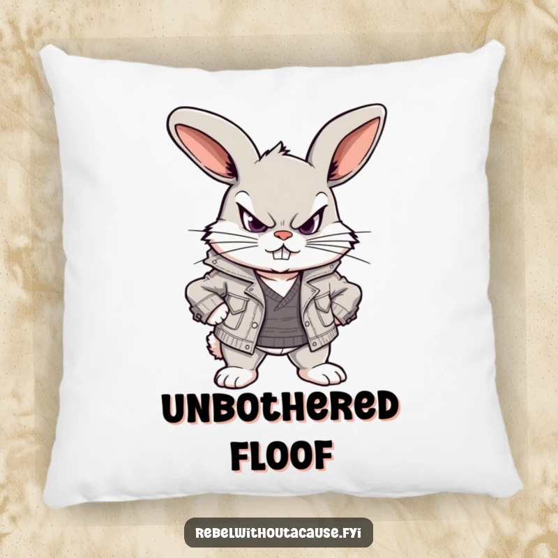 Funny throw pillow with a scowling, defiant bunny in a ripped jacket, adding a touch of playful attitude to home decor.