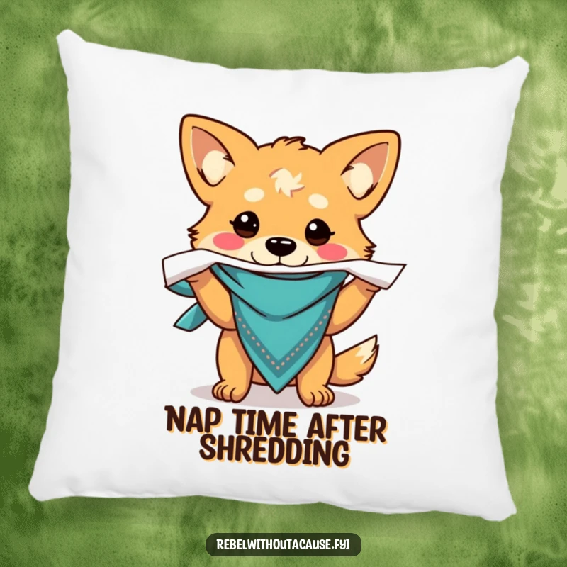 Funny pillow featuring a carefree dog in a bandana, ripping paper, offering comfort and a humorous accent.