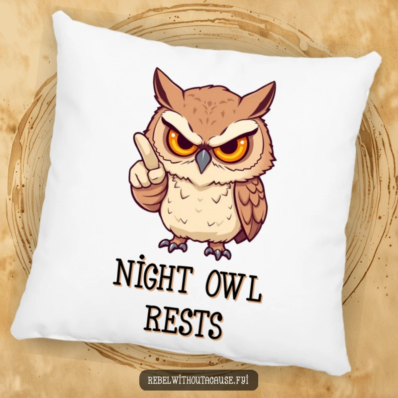 Funny pillow with a fierce owl, stern gaze, playfully pointing an accusatory finger, offering comfort and witty judgment, an excellent funny gift.