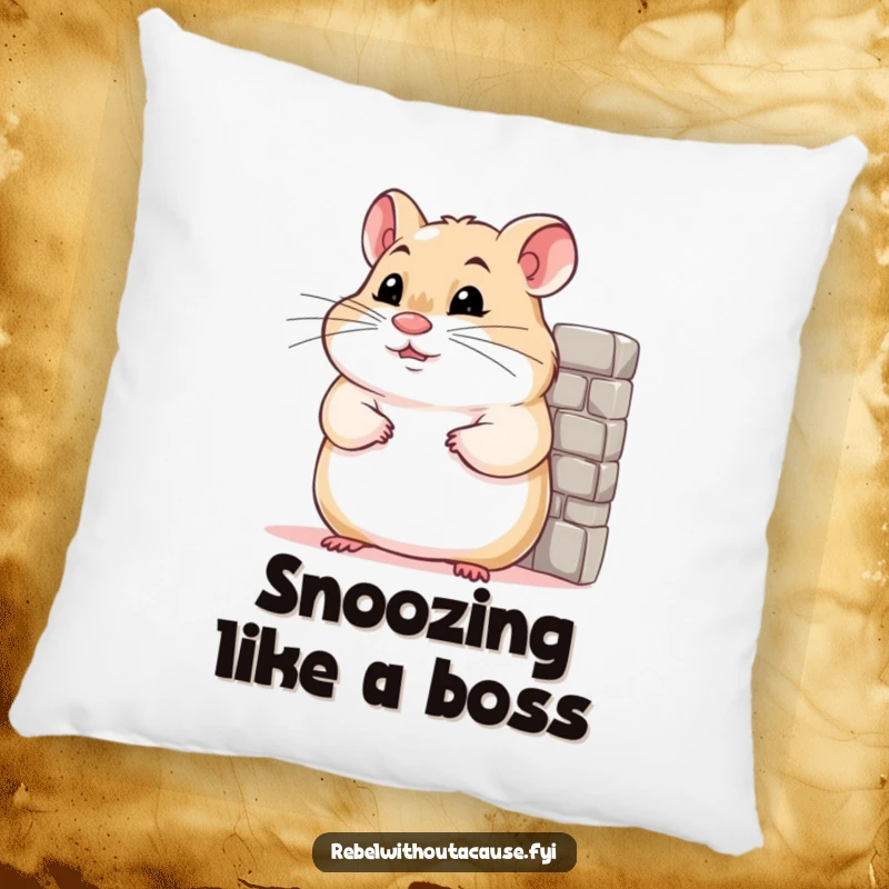 Funny pillow featuring a confident hamster smirking while leaning against a tiny wall, providing humorous comfort.