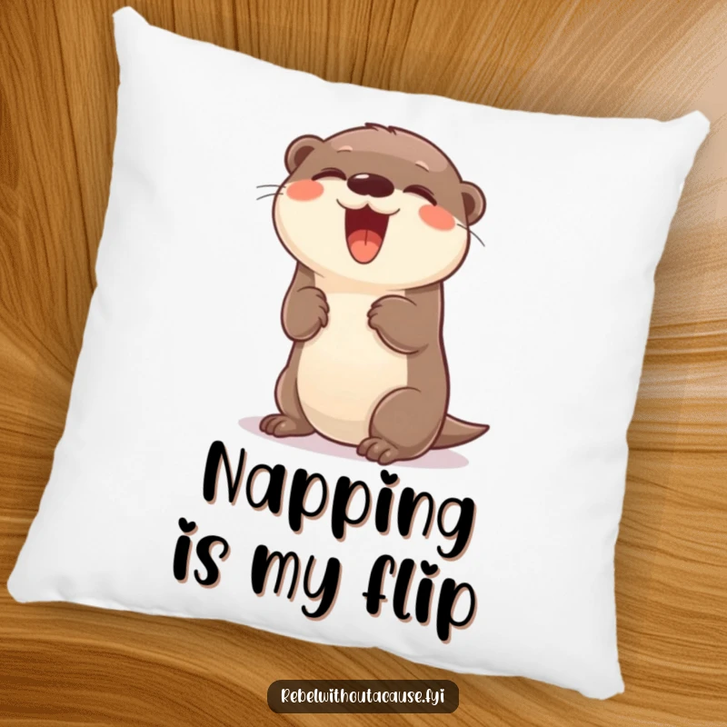 Funny giggling otter with a carefree attitude doing a playful flip on a decorative pillow.