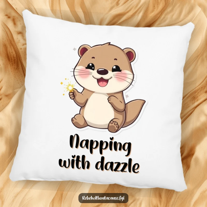 Funny otter pillow featuring a happy otter holding a sparkler, looking cool and confident. Comfortable and cheerful decor.