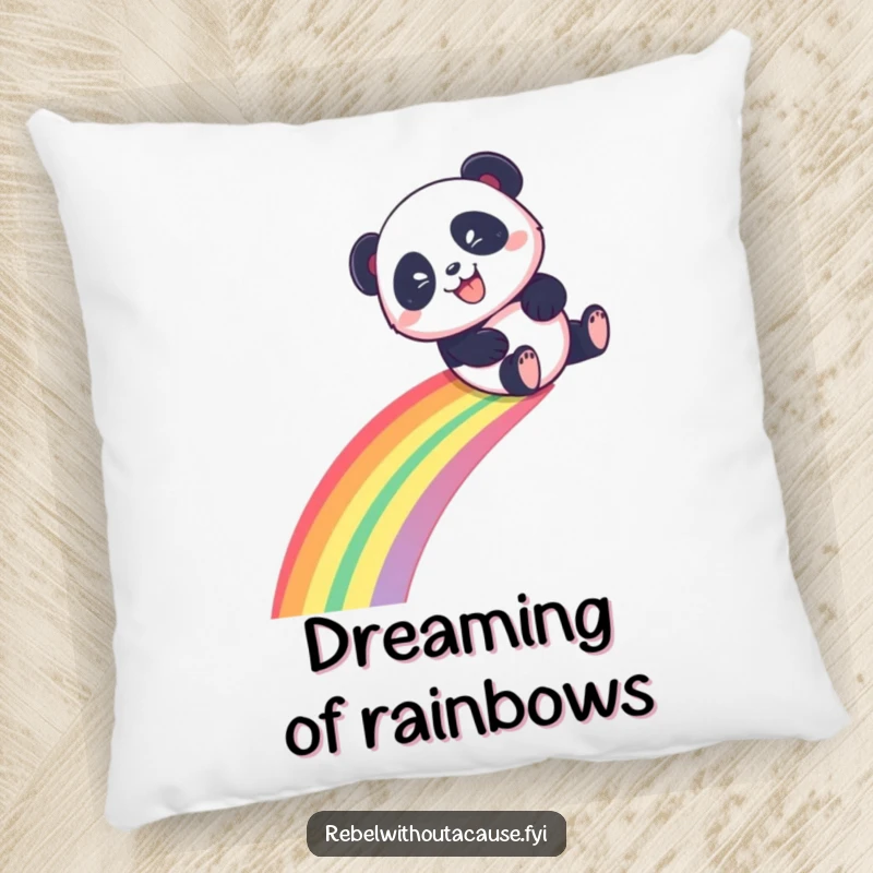 Funny Panda Pillow with a playful panda sliding down a rainbow with a mischievous grin, cute funny gift.