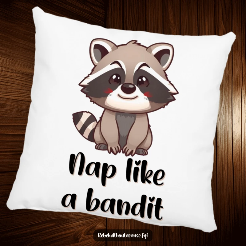 Funny raccoon swagger pillow showcasing a spunky raccoon with a cool demeanor, perfect for adding comfort and a touch of mischief.