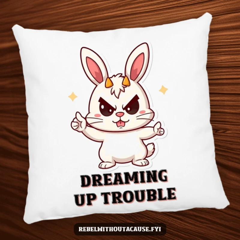 Funny Rebellious Bunny Pillow featuring a playful bunny giving devil horns with a cheeky sneer, providing cozy comfort with a mischievous touch.