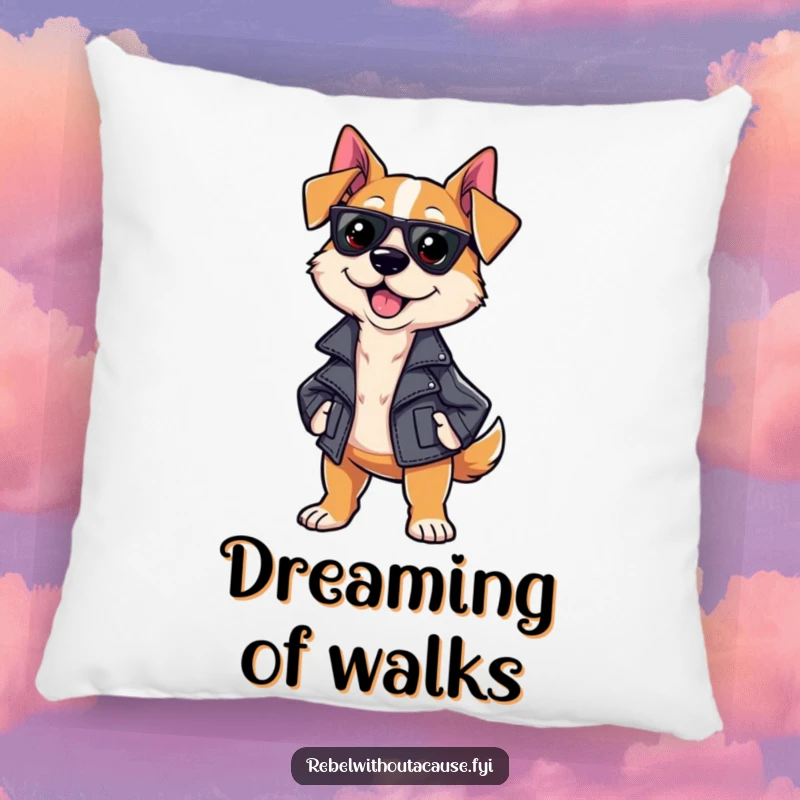 Funny Sassy Dog Pillow featuring a sassy dog in a leather jacket, confidently strutting, offering plush comfort and humor.