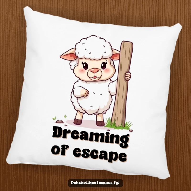 Funny pillow featuring a fluffy, defiant sheep holding a broken fence post, symbolizing humorous farmyard escape and comfort.