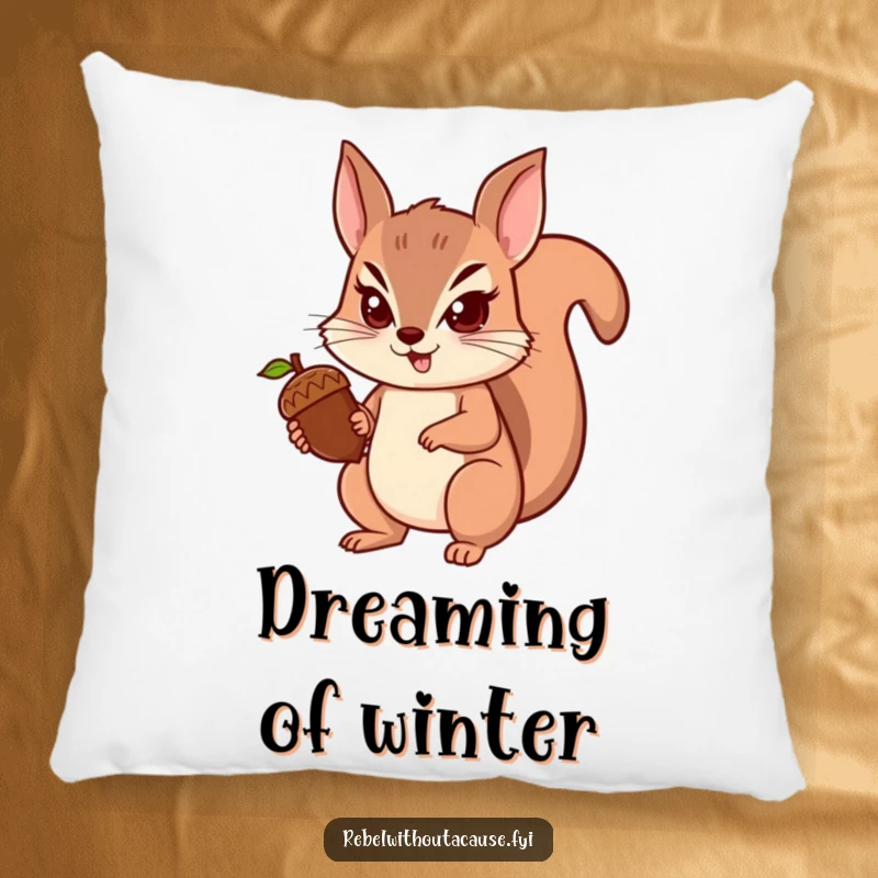 Funny squirrel pillow featuring a spunky squirrel with a determined look holding an acorn, a comfortable and motivational funny gift.