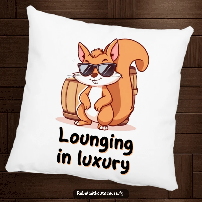 Funny squirrel pillow featuring a mischievous squirrel wearing sunglasses and smirking, leaning against a barrel. Comfortable and humorous decor.