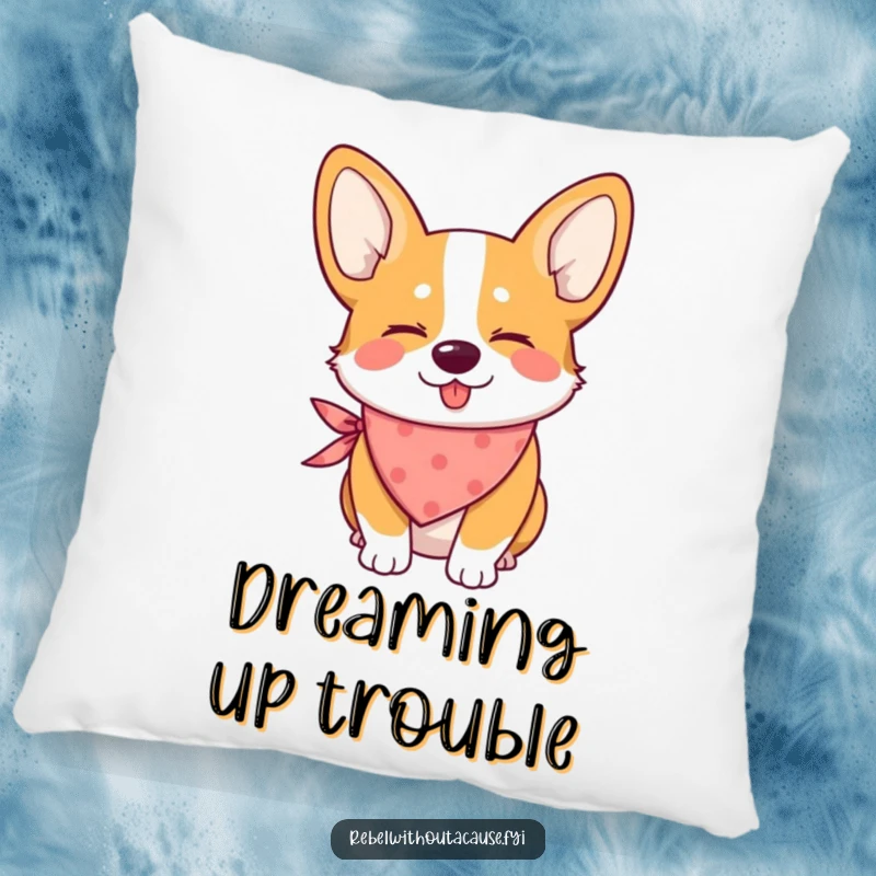 Funny pillow featuring a mischievous corgi with a bandana, giving a playful wink, perfect for sofas and beds.