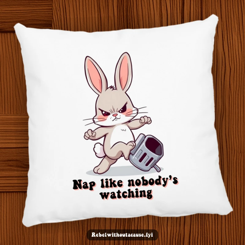 Funny pillow featuring a sneering bunny kicking a trash can, offering comfort with a humorous, rebellious edge.