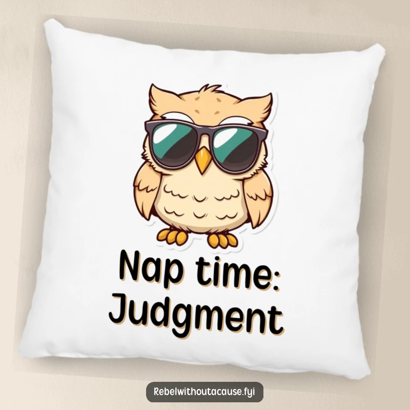 Funny cool owl wearing sunglasses, smirking with an unimpressed expression on a decorative pillow.