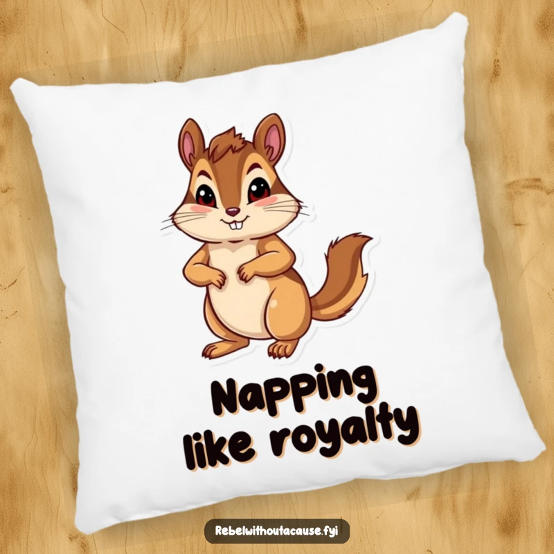 Funny bold chipmunk with a confident pose, paw on hip, on a decorative pillow.