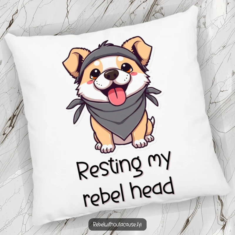 Funny Kawaii Dog Pillow with a cute, rebellious pup wearing a bandana and sticking its tongue out, bringing playful comfort.