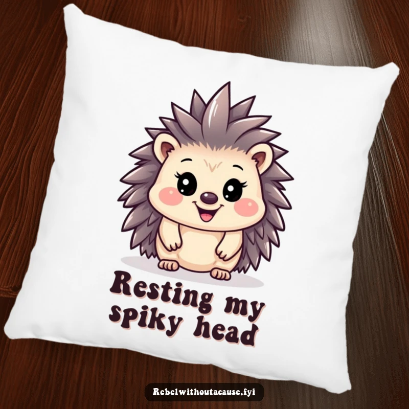 Funny hedgehog with a tiny mohawk on a pillow, offering comfort with a side of punk rock attitude.