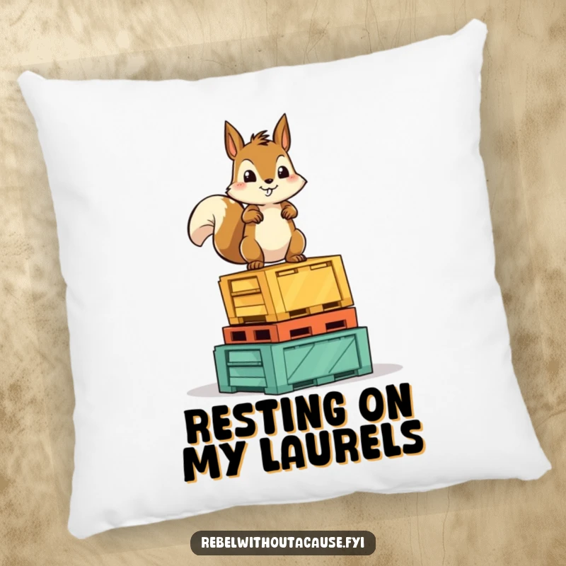 Funny Squirrel Victory Pillow: A fearless squirrel character stands proudly atop overturned crates, offering comfort and inspiration.