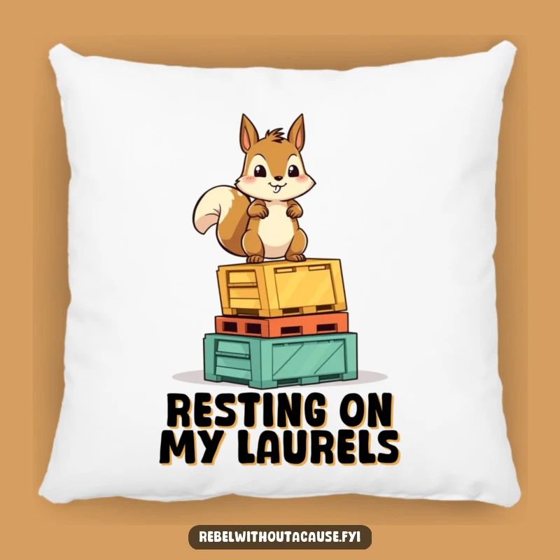 Funny Squirrel Victory Pillow: Soft Cushion with a Fearless Rodent on Crates, Cozy Laughs