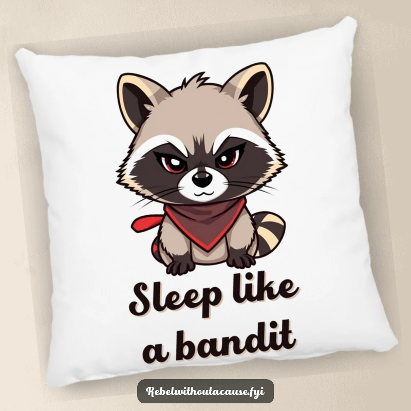 Funny raccoon pillow featuring a mischievous raccoon with a sly wink and bandana, a comfortable and humorous funny gift.