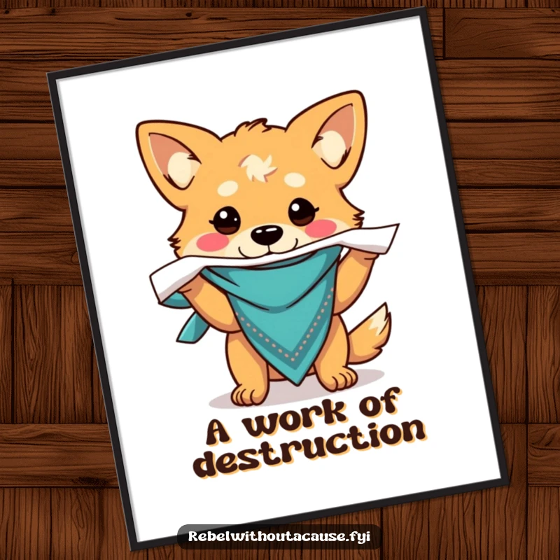 Funny digital art print of a carefree dog with a bandana, ripping paper, perfect for instant download and playful decor.