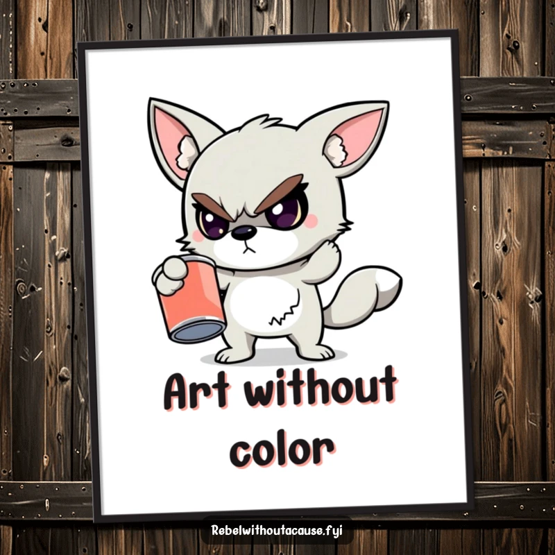 Funny digital art print of a defiant animal character holding a cracked, empty paint can, bringing artistic struggle and rebellion to displays.