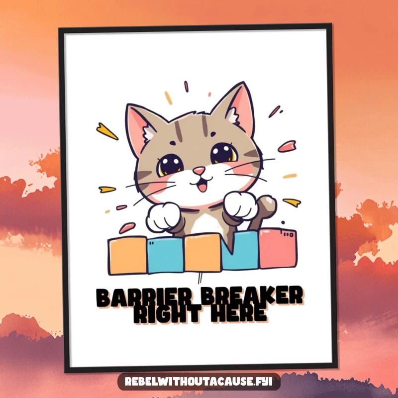 Funny digital art print of a bold cat character powerfully crashing through a brightly colored, striped barrier.