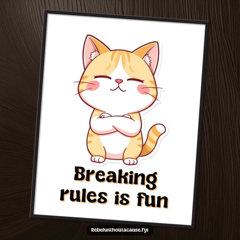 Funny digital art print of a giggling cat character arms crossed, looking unimpressed, radiating defiant humor for instant decor.