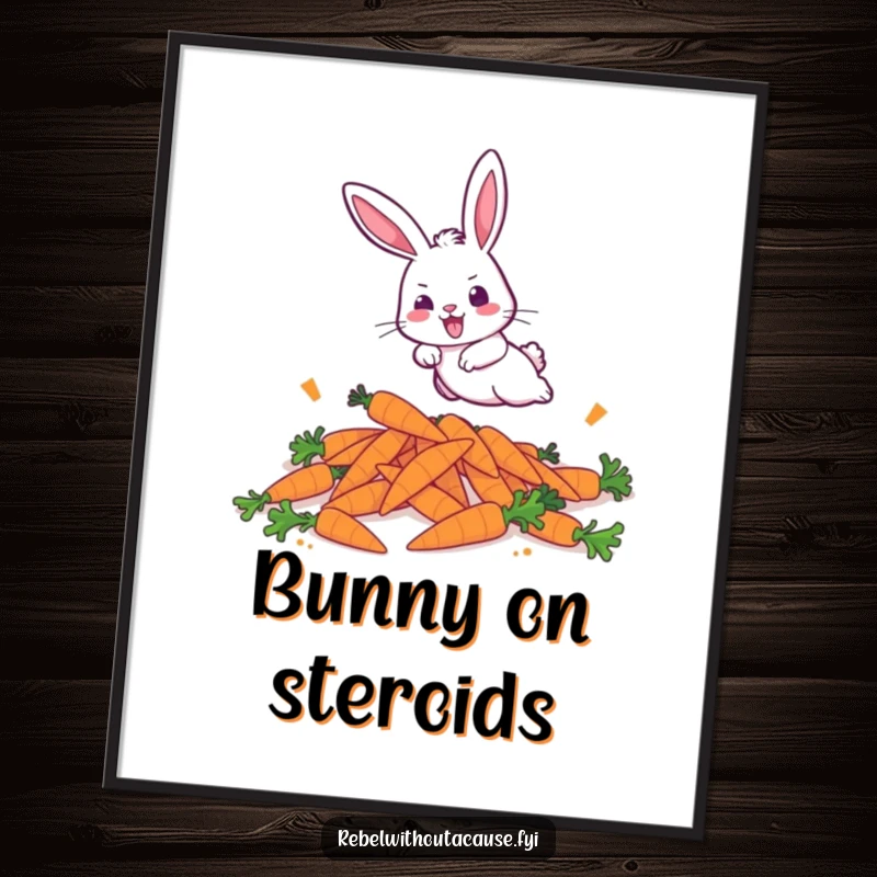 Funny digital art print of a bold bunny aggressively hopping over discarded carrots, for humorous digital decor.