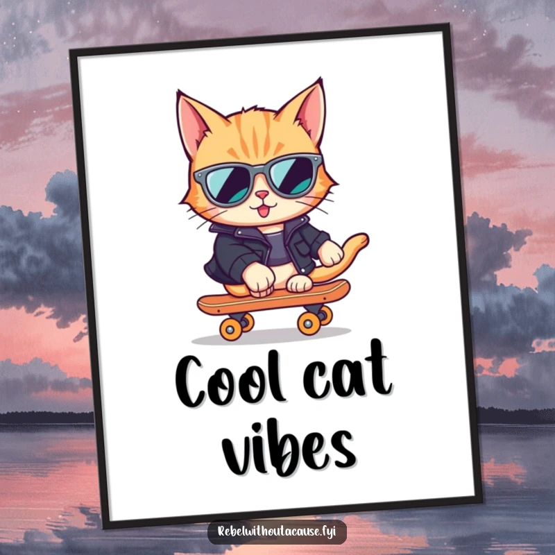Funny Cat Skater Digital Art Print of a cool cat on a skateboard, adding street-style humor to your decor.