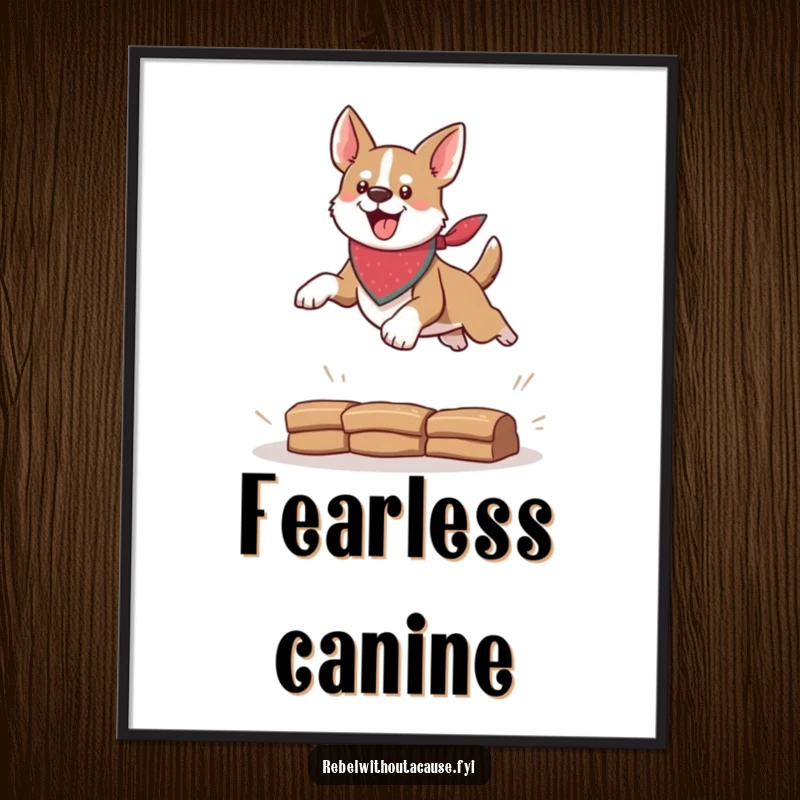 Funny digital art print of a dog with a bandana leaping over an obstacle, conveying bravery and humor, perfect for instant wall decor, a great funny gift.