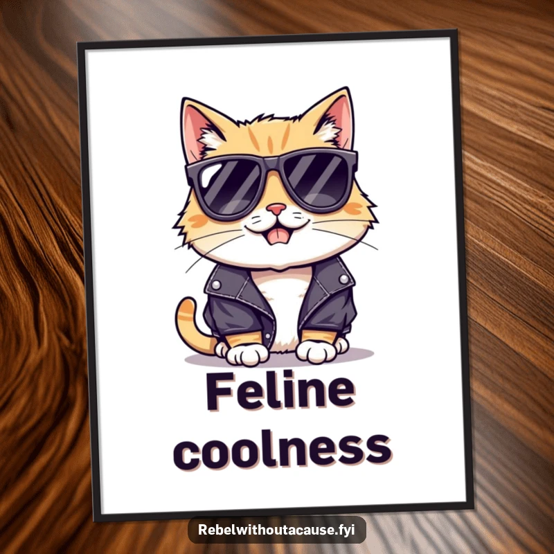 Funny digital art print of a cool cat in sunglasses and leather jacket, exuding a mischievous grin, for stylish decor.