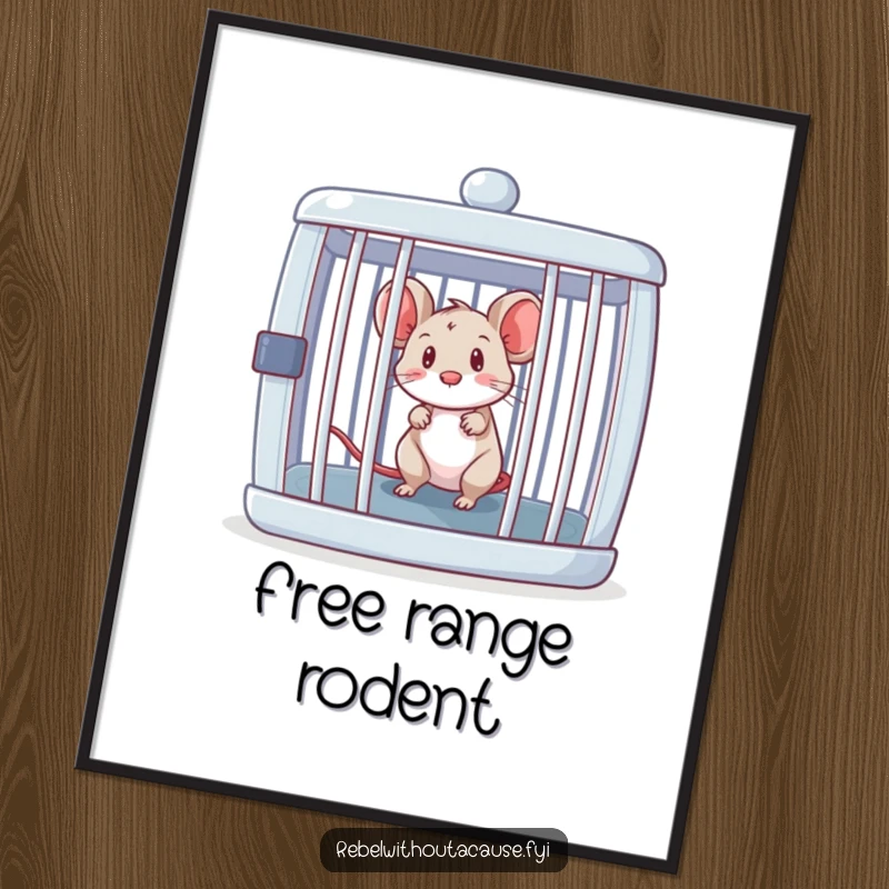 Funny mouse peeking out from an open, empty cage, digital art print ready for instant download.
