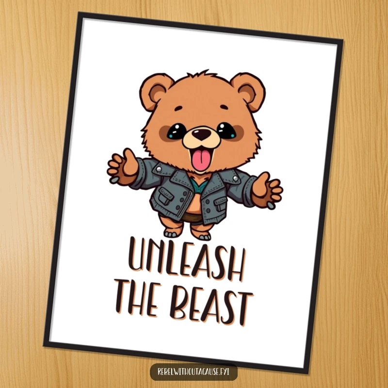 Funny bear cub digital art print of a cub in a ripped leather jacket, sticking tongue out, perfect for instant cool wall decor.