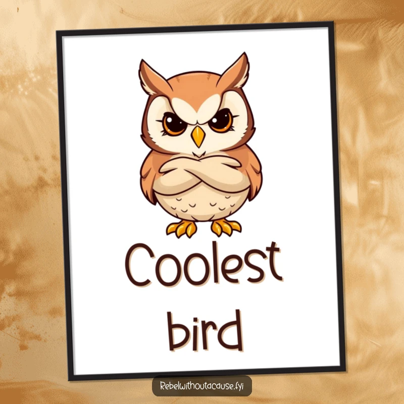 Funny digital art of a bold owl character with a stern, cool expression and arms crossed, exuding wisdom.