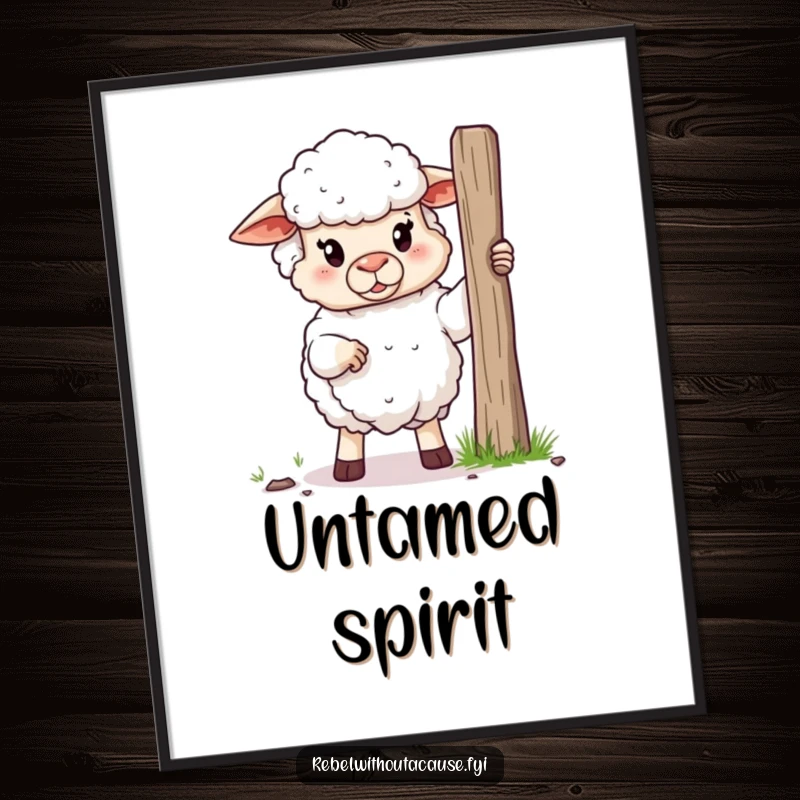 Funny digital art print of a fluffy sheep holding a broken fence post, symbolizing humorous defiance and farmyard charm.