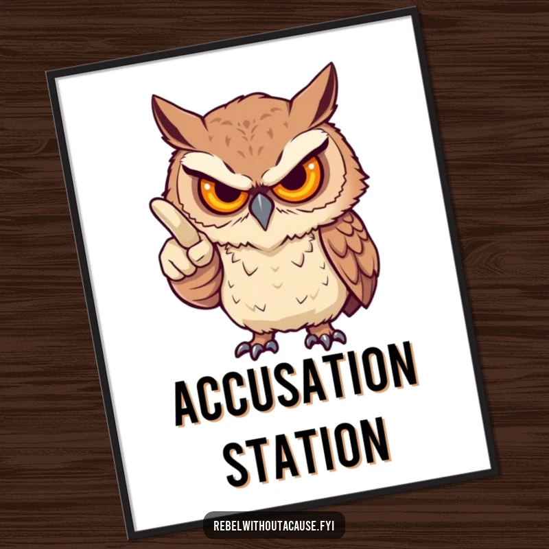 Funny digital art print of a fierce owl, stern gaze, pointing an accusatory finger, adding instant witty judgment and humor to walls, a great funny gift.
