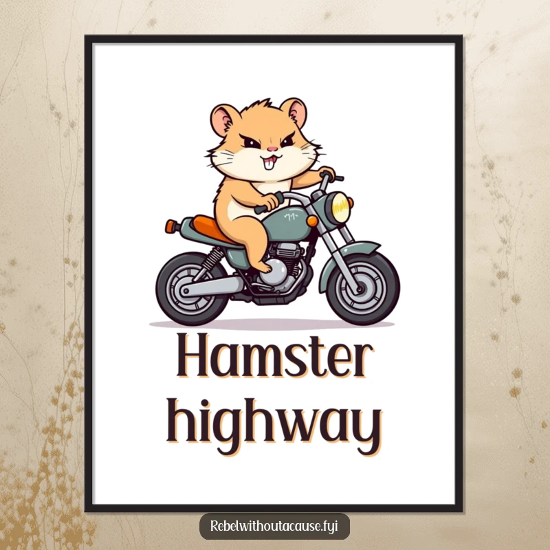 Funny Hamster Motorcycle Digital Art Print: A determined hamster character with a resolute grin rides a tiny motorcycle, ready for display.