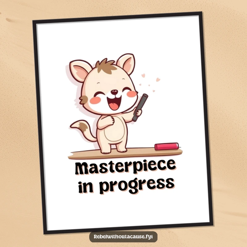 Funny digital art print of a joyful animal character happily scrawling with chalk on a blank wall, adding whimsical and creative decor.