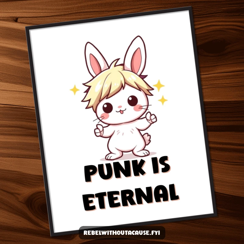 Funny Kawaii Bunny Digital Art Print of a punk bunny with a wild hairstyle, striking an iconic 'rock on' pose with electrifying energy.
