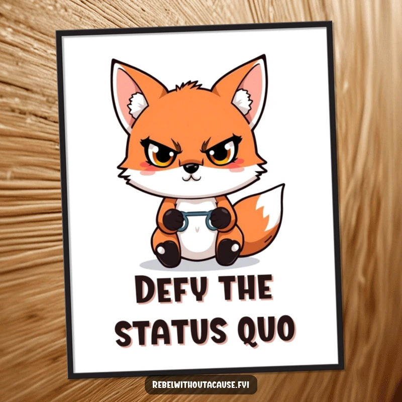 Funny Kawaii Fox Digital Art Print of a defiant fox with a glare, holding a broken chain link, symbolizing liberation and power.