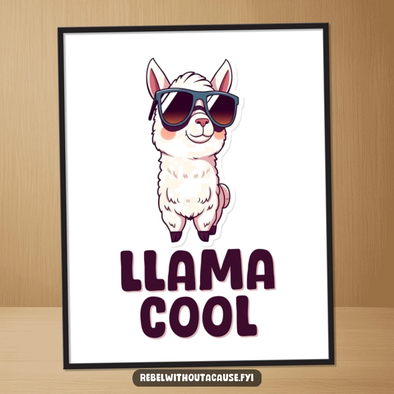 Funny llama wearing oversized sunglasses on a digital art print, ready to add cool vibes.