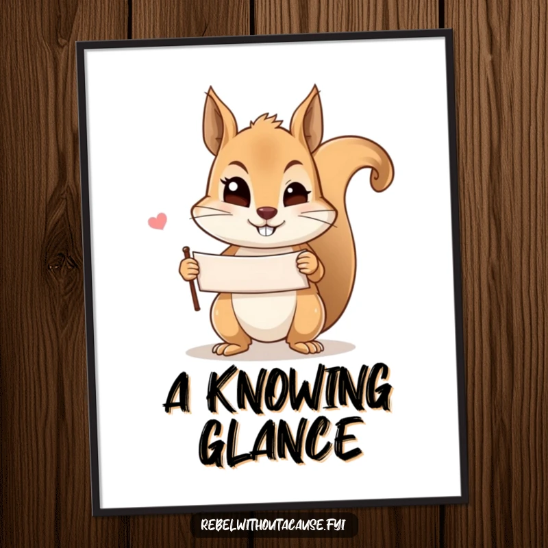 Funny mischievous squirrel wink digital print showing a squirrel holding a banner and winking, perfect for adding playful charm to any room.