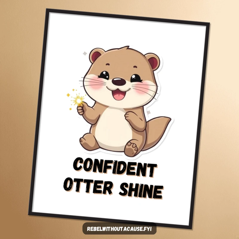 Funny otter digital art print of a happy otter holding a sparkler, looking cool and confident. Celebratory and humorous wall decor.
