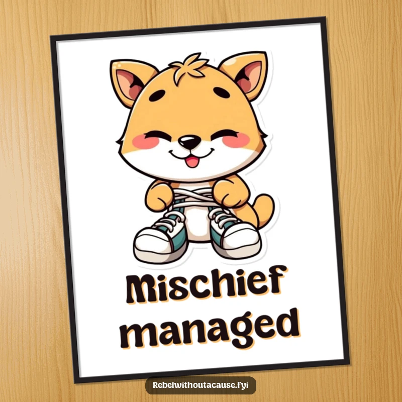 Funny Digital Art Print: Playful Animal with Mischievous Grin Tying Shoelaces Together, Capturing Humorous Mischief.