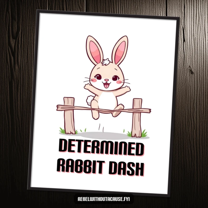 Funny rabbit digital art print of a cheerful rabbit with a determined expression, jumping over a broken fence. Motivational and humorous wall art.