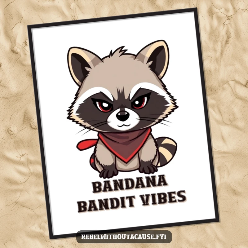 Funny raccoon digital art print of a mischievous raccoon with a sly wink and bandana, perfect for adding instant playful charm to any decor.